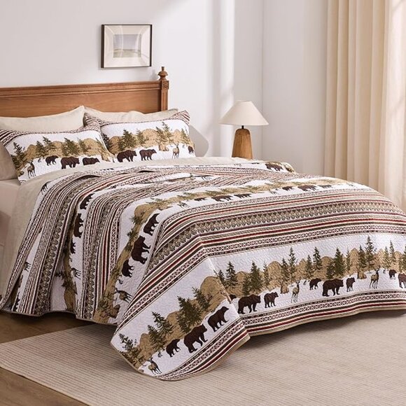 NEW! 3-Piece Lodge Bed Cover Quilt with 2 Pillow Shams for All Season, Brown - Picture 1 of 6